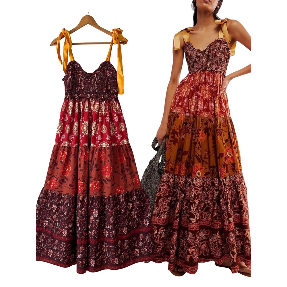 Boho Floral Tiered Maxi Dress S‎ Smocked Patchwork Yellow Tie Straps Festival